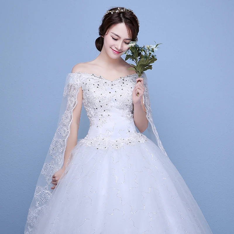 2 styl prawdziwe zdjęcie prosta moda suknia ślubna 2022 New Arrival koreański styl Boat Neck Lace Bride vestido de noiva aplikacje