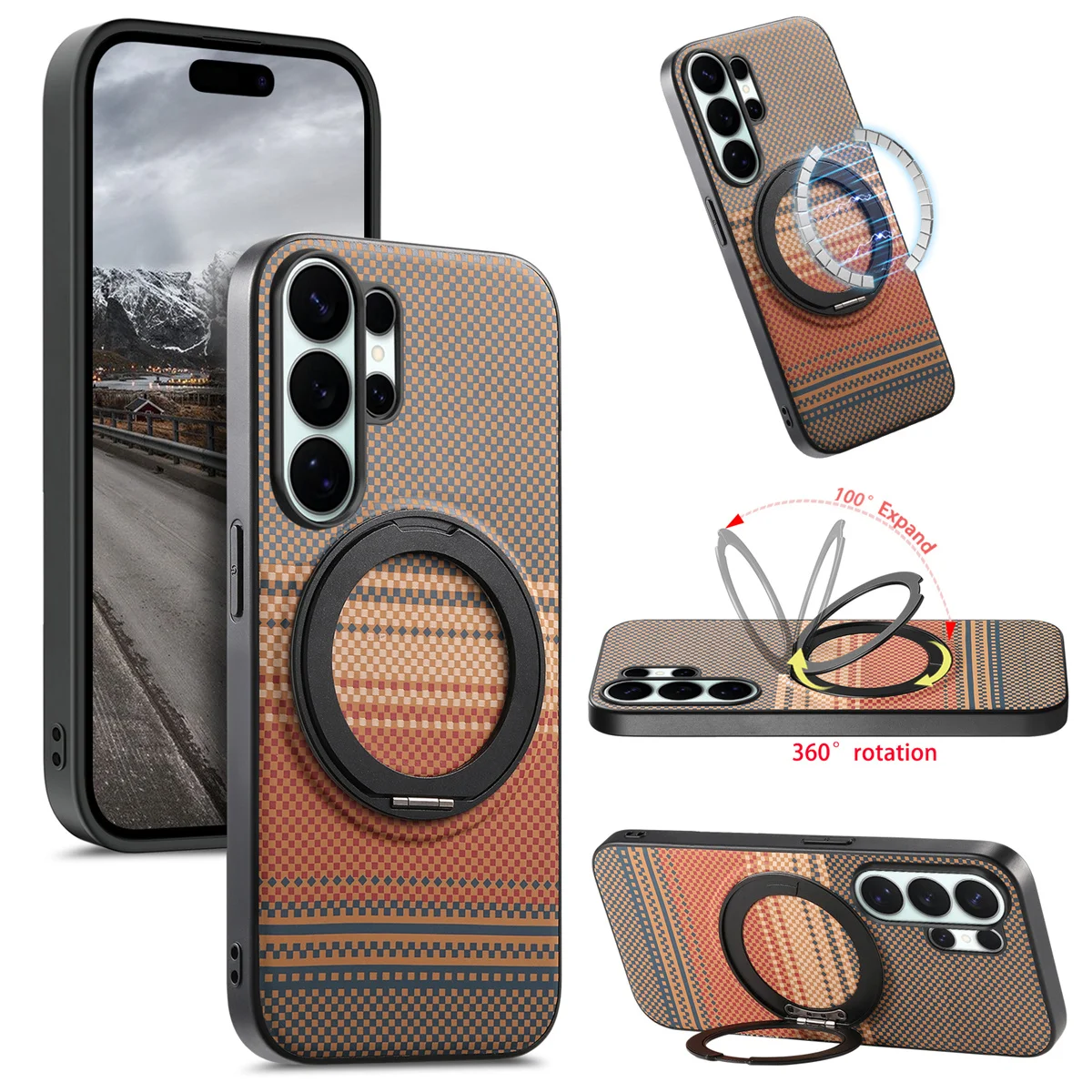 Carbon Fiber Texture 360 Rotating Magnetic Holder Case for Samsung S26 Ultra S25 S24 S23 Plus A57/37/17/07/56/36/26/16/55 Cover