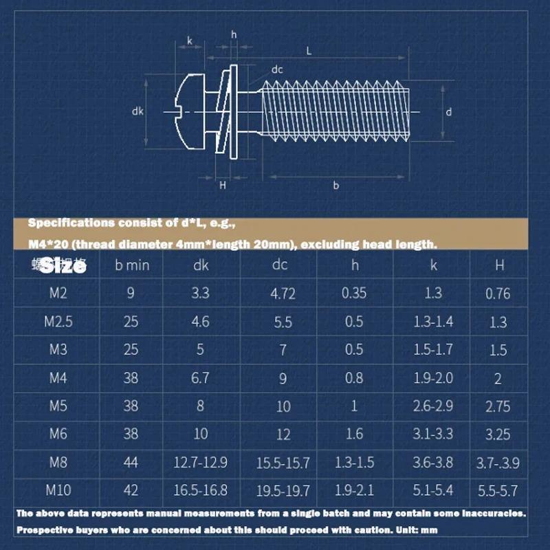 304 Stainless Steel Round Head Phillips Triple Combination Screws with Washers M2 M2.5 M3 M4 M5 M6 M8