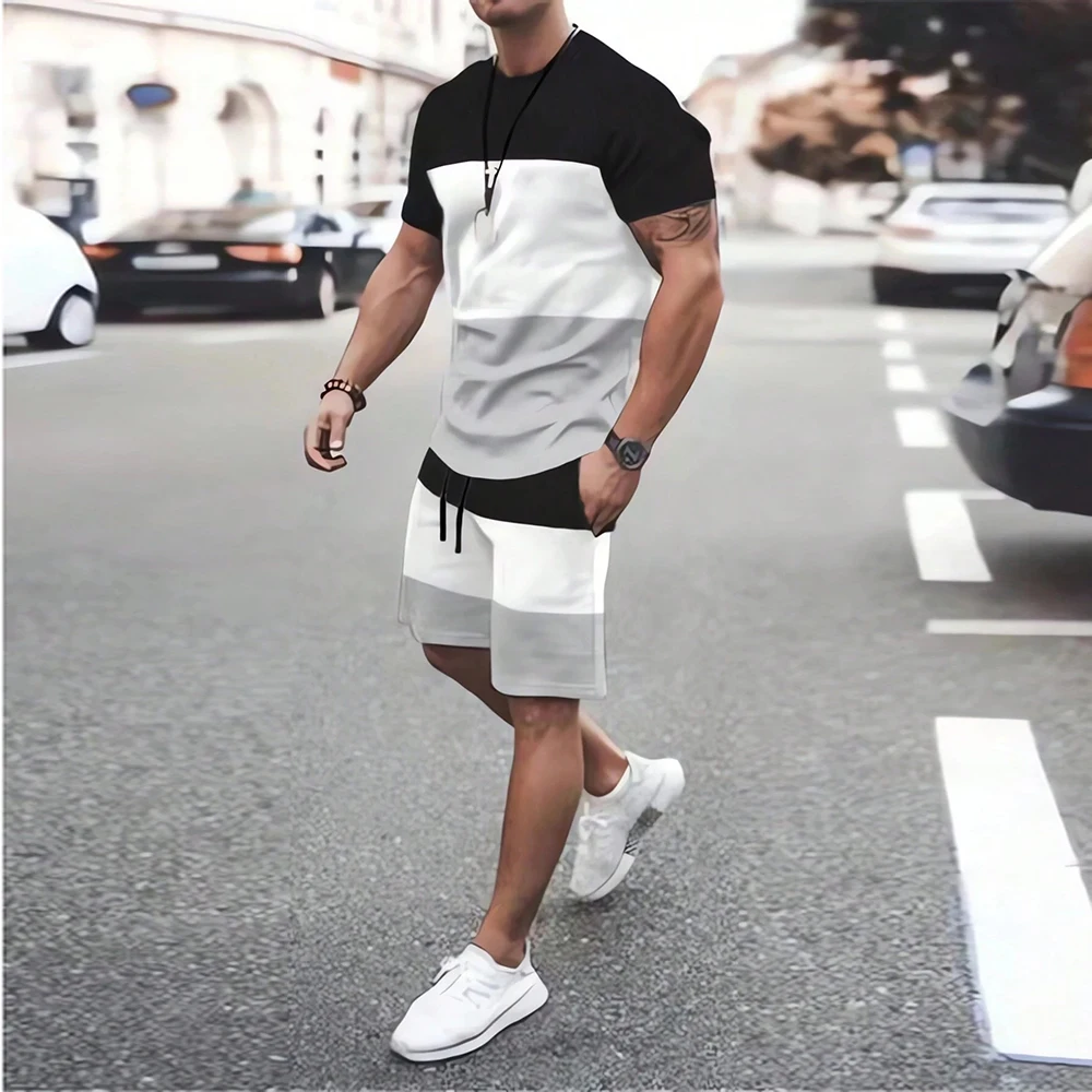 3d Black & White Printed Men\'s T-Shirt Sportswear Suit Male Clothing Men\'s Short Sleeve & Shorts Summer Beachwear 2 Piece Sets