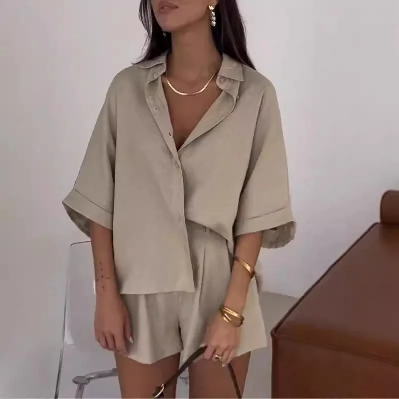 Summer Causal Ladies Nightgown 2 Piece Suit Sexy Turn-Downs Collar Half Sleeve Nightwear Shorts Loose Home Clothes for Women