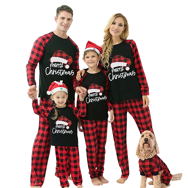 Christmas Family Matching Pajamas Set Elk Print Long Sleeve Tops and Plaid Pants Sleepwear for Parent and Child