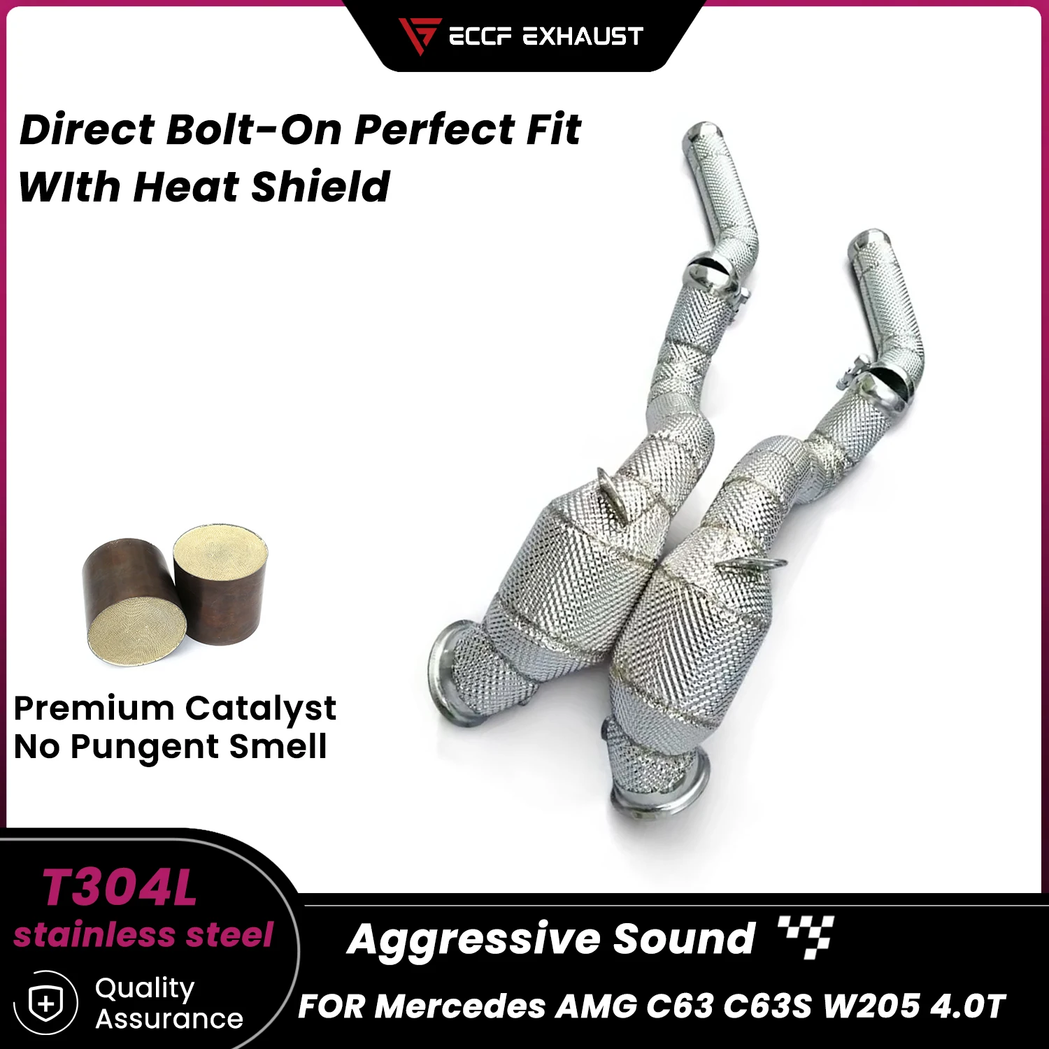 

Sports ECCF Downpipe With Heat Shield For Mercedes AMG C63 C63S W205 4.0T Aggressive Exhaust Sound High Flow Easy Installation