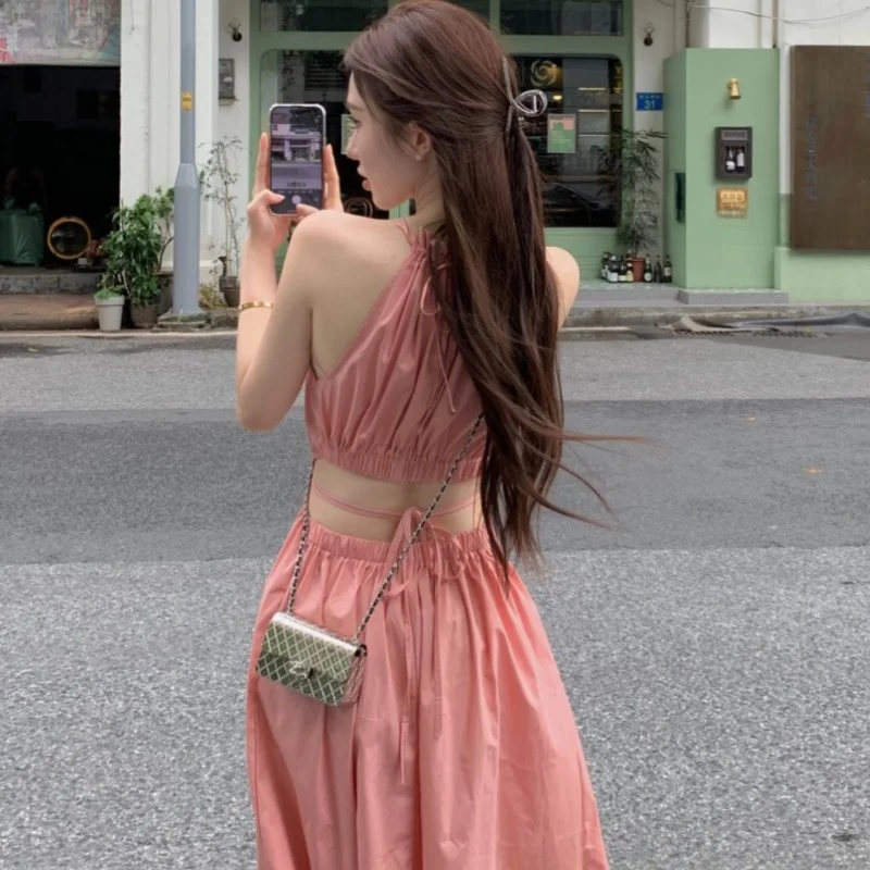 

Pure Desire Sweet Pink Women's Dress Sexy Waist-Cinching Strapless Long A-Line Gown High Waist Monochromatic Summer Fashion