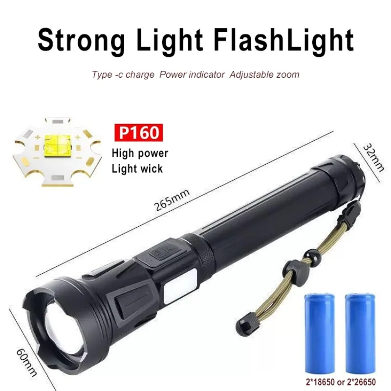 

P160 High Power Flashlight LED 18650 Rechargeable USB C Lamp Waterproof Emergency Work Light for Outdoor Lighting Hiking Camping