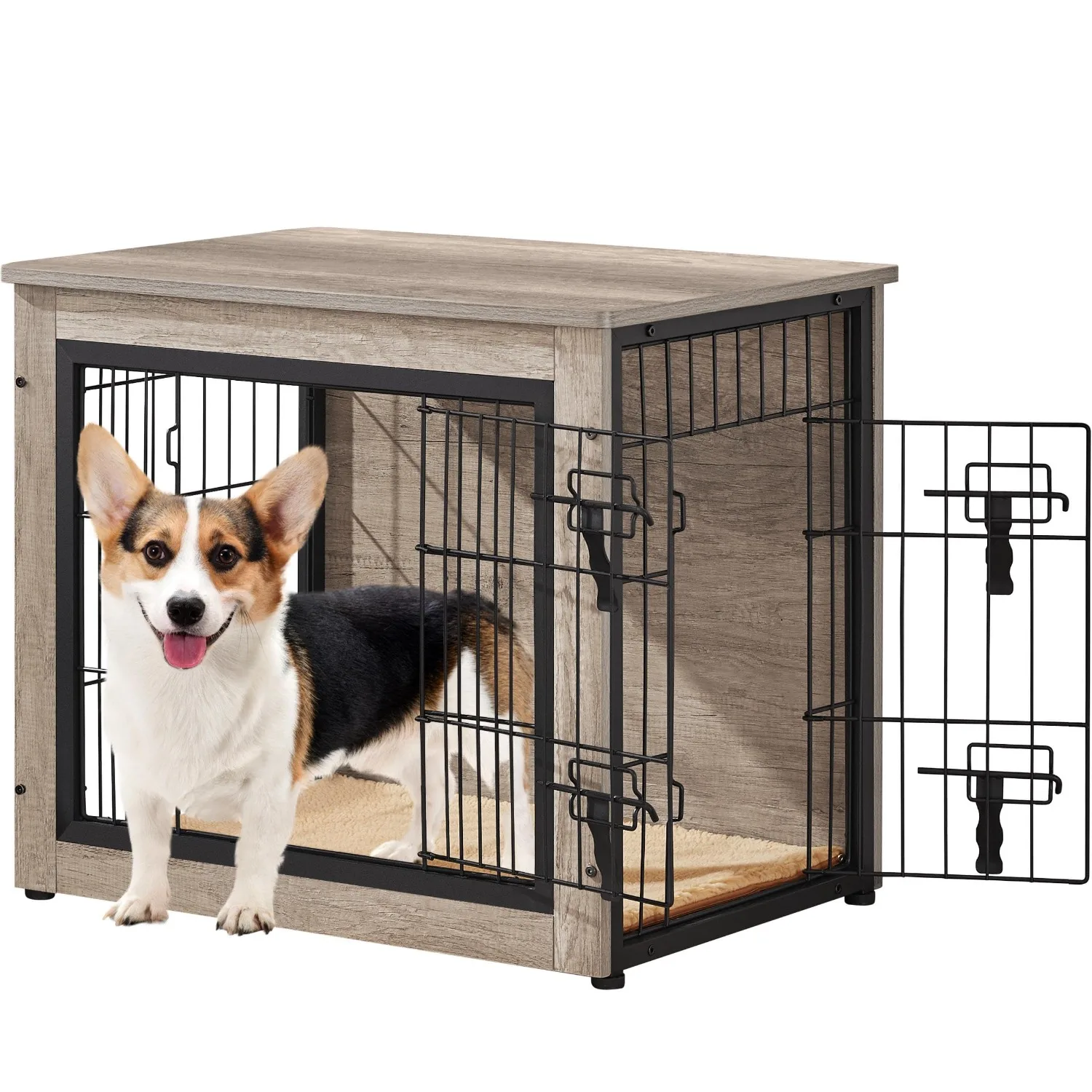 27.5in Wooden Dog Crate Furniture w/Cushion for Small Dogs, Gray | Furniture-style Design Kennels,Double Door Side End