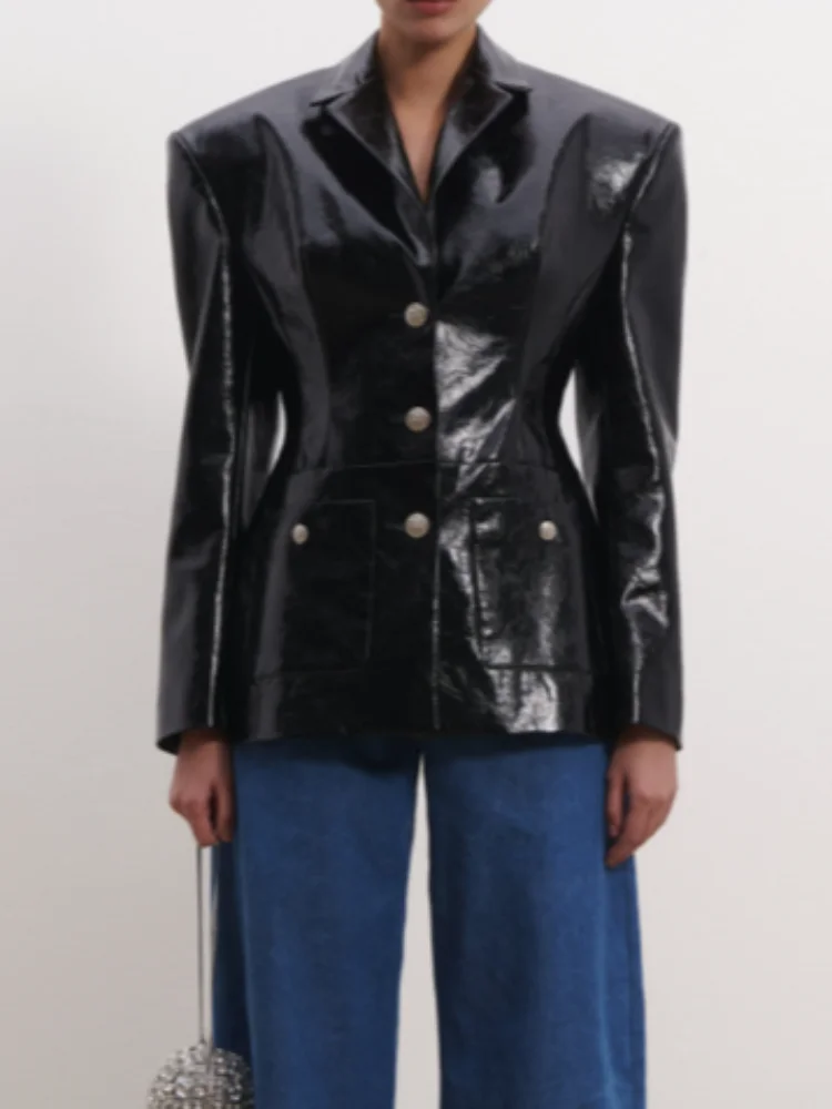 Manteau Blazer en cuir verni noir pour femmes, Chic, décontracté, manches longues, revers, col en v, simple boutonnage, veste courte, vêtements pour les déplacements quotidiens
