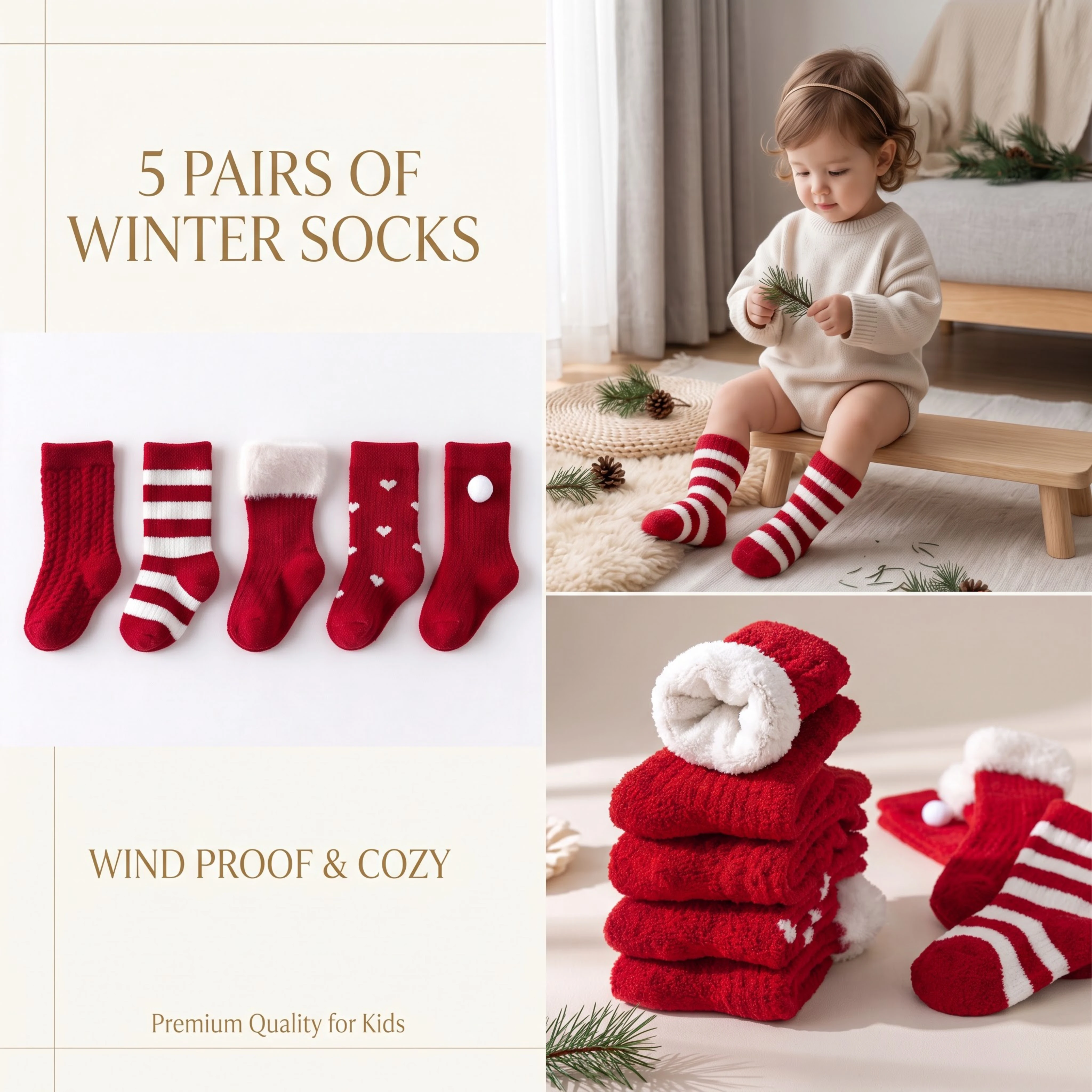 5 Pairs Infant Christmas Mid Calf Socks Winter Warm Fuzzy Red Heart Stripe Pom Pom Socks for Toddler 0-3Y Boys Girls Holiday