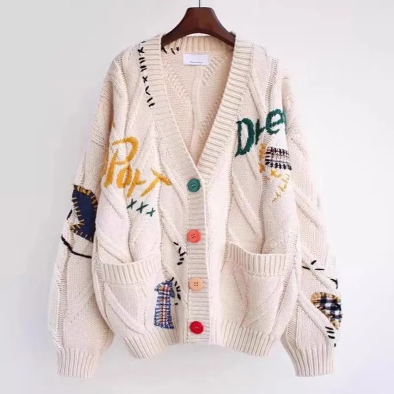 Fashion embroidered sweater for women in autumn and winter 2025 new loose cardigan knitted jacket Pink Red