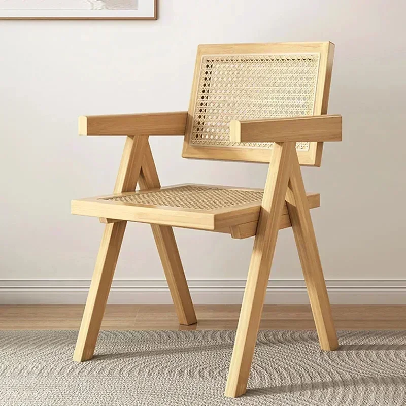 Rattan Back Chair Handmade Rattan Woven with Solid Wooden Stand Thick Armrests Ergonomic Design V-Shaped Support Sturdy,Stable