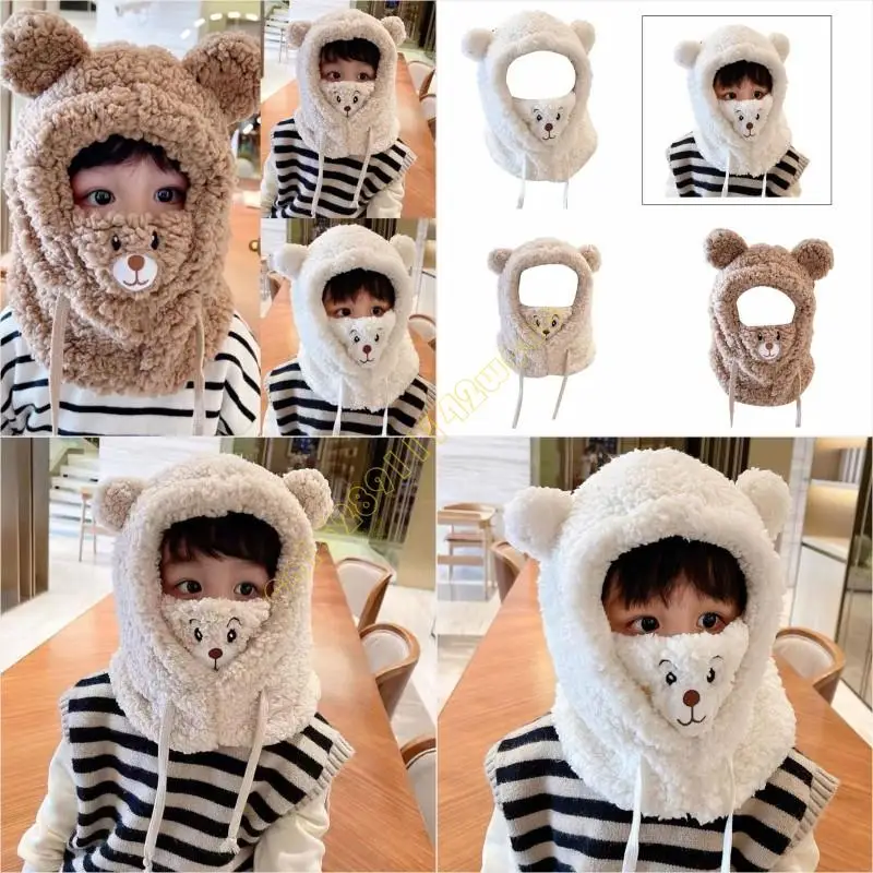 

Bear Pattern Thick Warm Masked Caps Winter Plush Scarf Hat with Face Cover DXAD