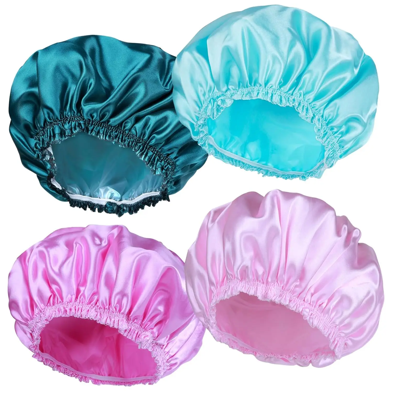 

Shower Caps for Women, 4 PCS Elastic and Reusable Bath Caps, Double Waterproof Layers Shower Cap, Bathing Shower Caps, Environme