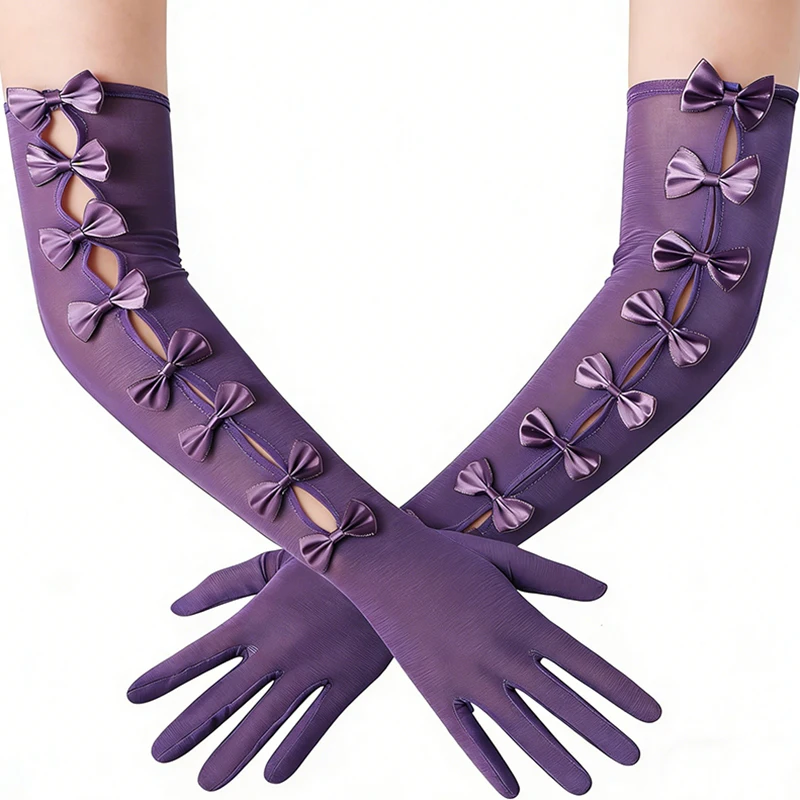 

48CM Long Sheer Gloves for Women Elegant Cutout Bowknot Stretchy Sexy Mesh Wedding Party Cosplay Halloween Vintage Lolita