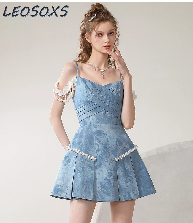 Female Temperament Romantic Sexy Suspender Dresses 2024 Summer New Refined Handmade Lace Tassel Tie-Dye Denim Braces Dress