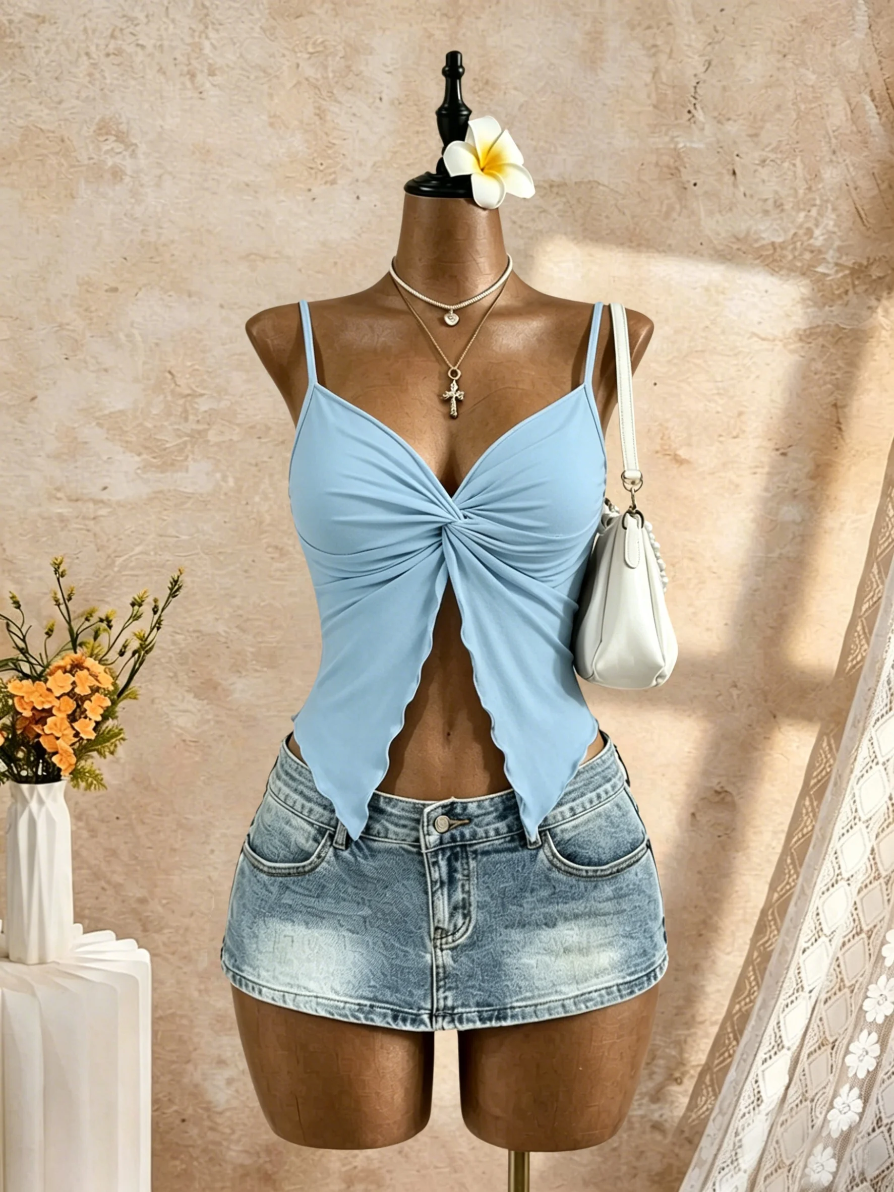 Damen Spaghetti-Träger V-Ausschnitt Twist-Front Cut-Out Rüschen Unregelmäßiger Saum Slim Fit Crop Cami Top 2026 Sommer Y2K Einfarbig Weiß Ärmellos – Detail 6