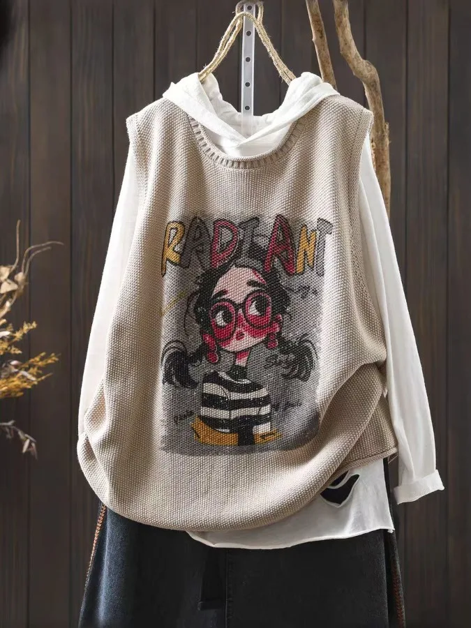 

Повседневный универсальный вязаный хлопковый жилет в стиле ретро с цифровым принтом, весна 2023, новинка весны, круглый, стандартной длины