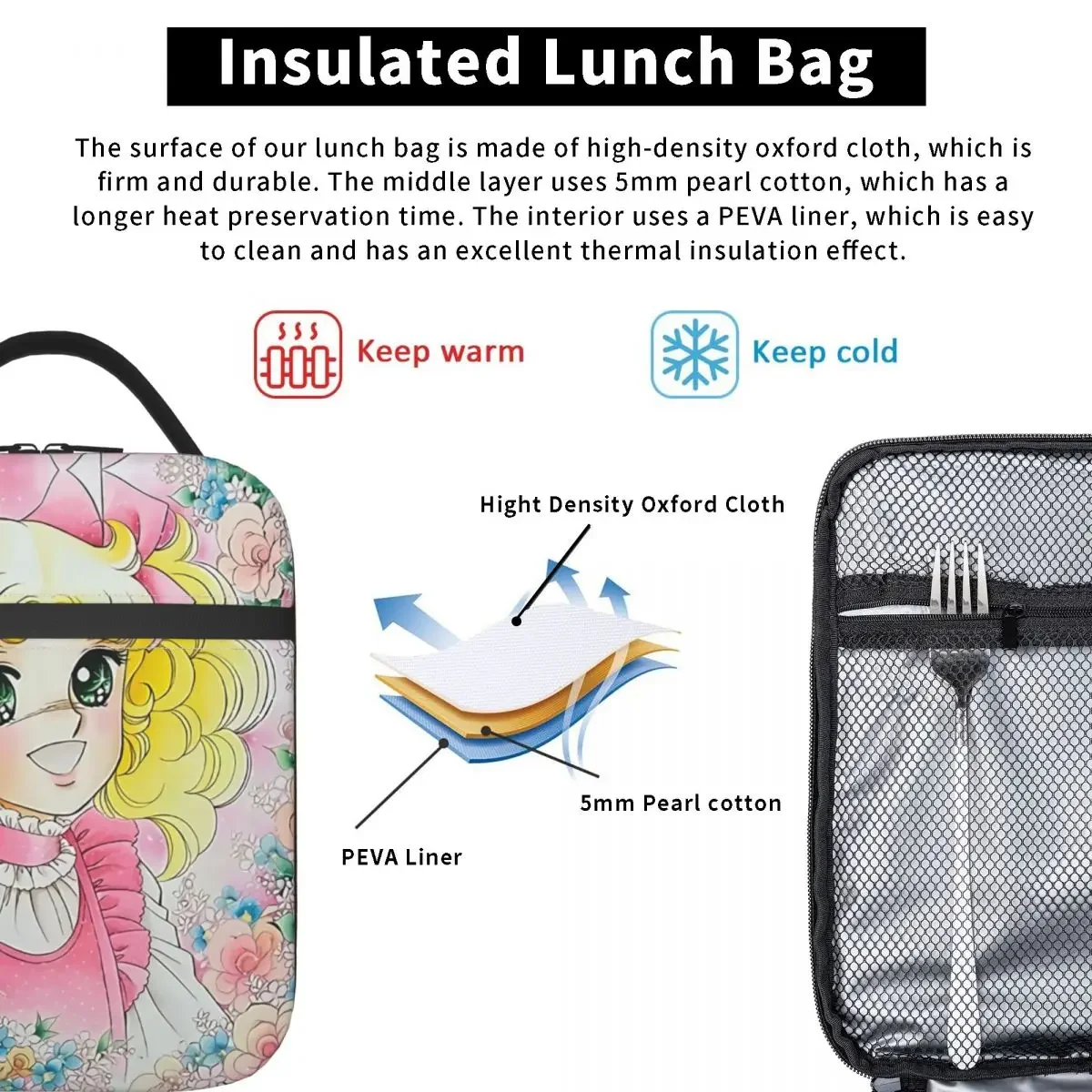 Candy Candy Candice Insulated Lunch Bag for Women Portable Japan Anime Manga Cooler Thermal Bento Box Kids School Children