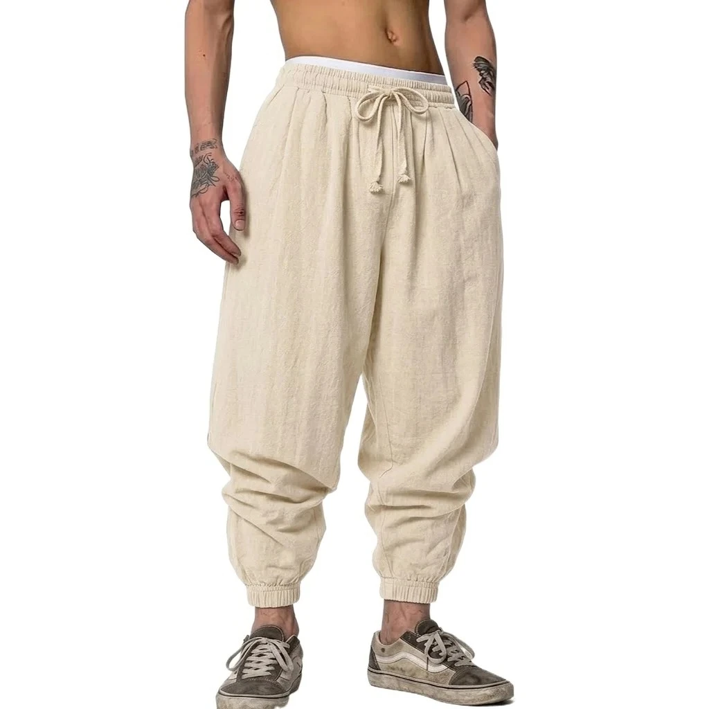 Koreanische Leinenhose für Herren, Herbst-Fitness-Yoga-Freizeithose, Baggy Pants für Frühling und Herbst, Haremshose, Lose Arbeitshose mit Kordelzug für Männer – Detail 8