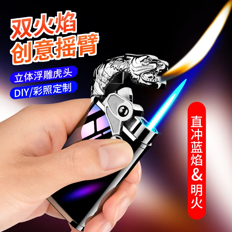 Tiger king inflatable windproof lighter creative straight blue flame and open flame double fire ultra-thin metal men\'s lighter