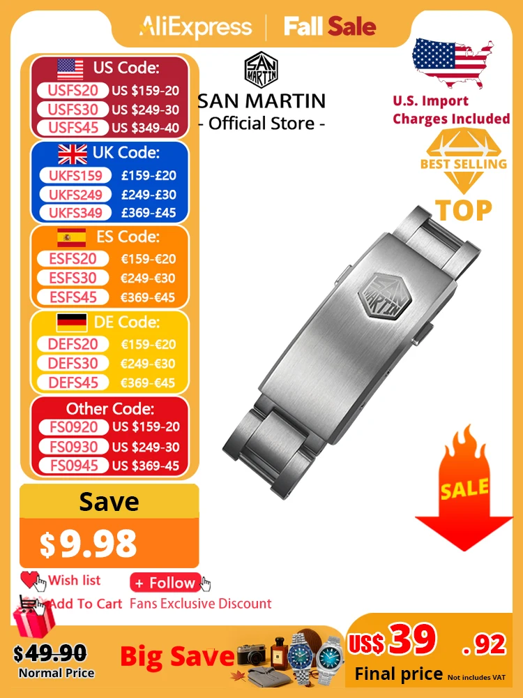 

San Martin New Fly Adjustable Clasp Watch Parts Bracelet Clasp For 16mm Specified Model Buckle Folding Clasp Non-universal
