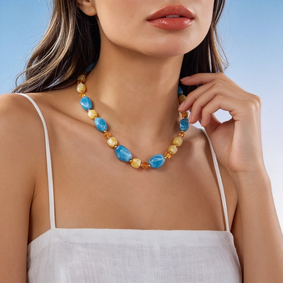 Französische Retro-Halskette mit sanften, farbenfrohen Kristallharzperlen für Damen und Herren, Hippie-Stil, unregelmäßige Perlen, Choker, Reiseschmuck – Detail 13