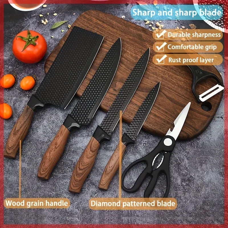 

High appearance level kitchen knife set Stainless steel diamond pattern covered handle six-piece household kitchen knife set