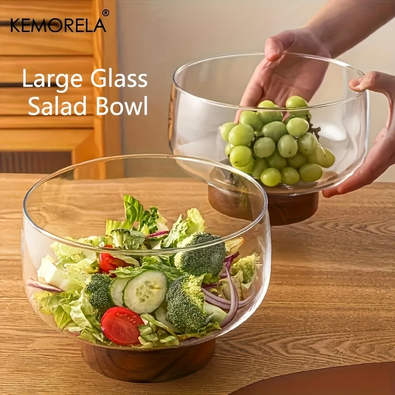 KEMORELA 1 Stück runde Glassalatschüssel, rostbeständig, transparent, Dessert-Servierschüssel für Küche, Zuhause, Restaurant, Obst-Aufbewahrungsplatte