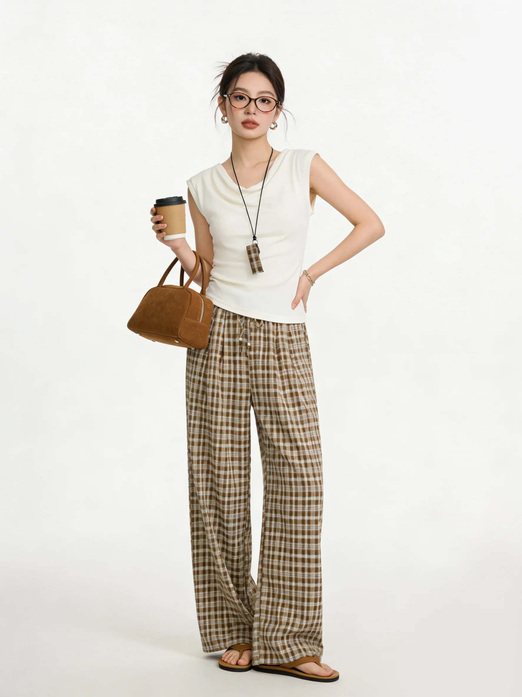 

Slimming Effect Casual Sleeveless Irregular Collar T-Shirt Women's Fashion Set with Plaid High Waist Long Pants Spring Summer