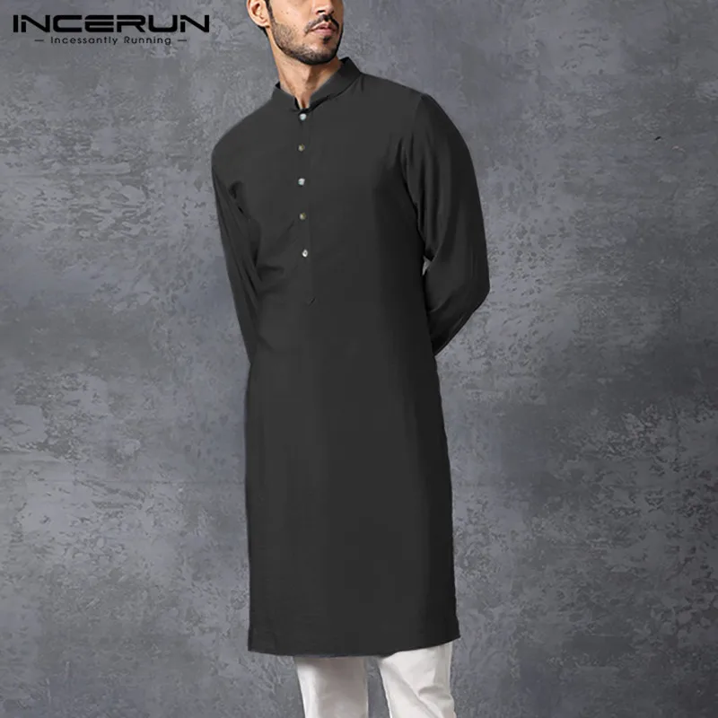 INCERUN Men Muslim Shirt Stand Collar Long Sleeve Islamic Arab Kaftan Solid Color Streetwear Casual Long Shirts Men Clothing 5XL