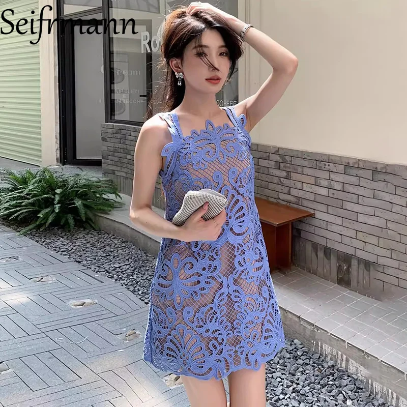 Seifrmann 2026 Spring Women's New clothing Fashionable Water soluble Lace Solid Color Suspenders Dress