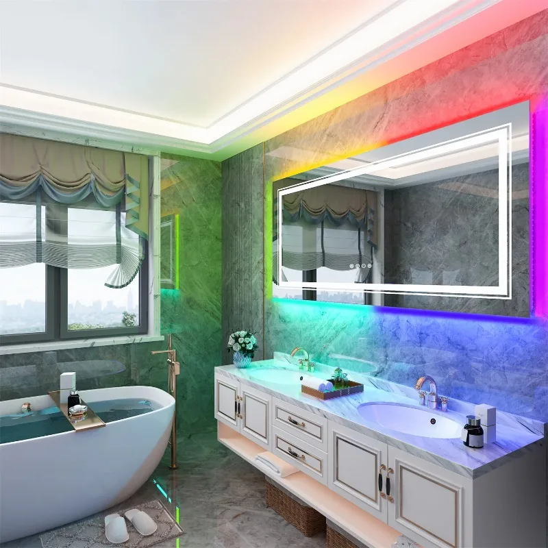Large Bathroom LED Vanity Mirror RGB Color Changing Backlit Bathroom Mirror Shatterproof Dimmable Anti-Fog led Mirror