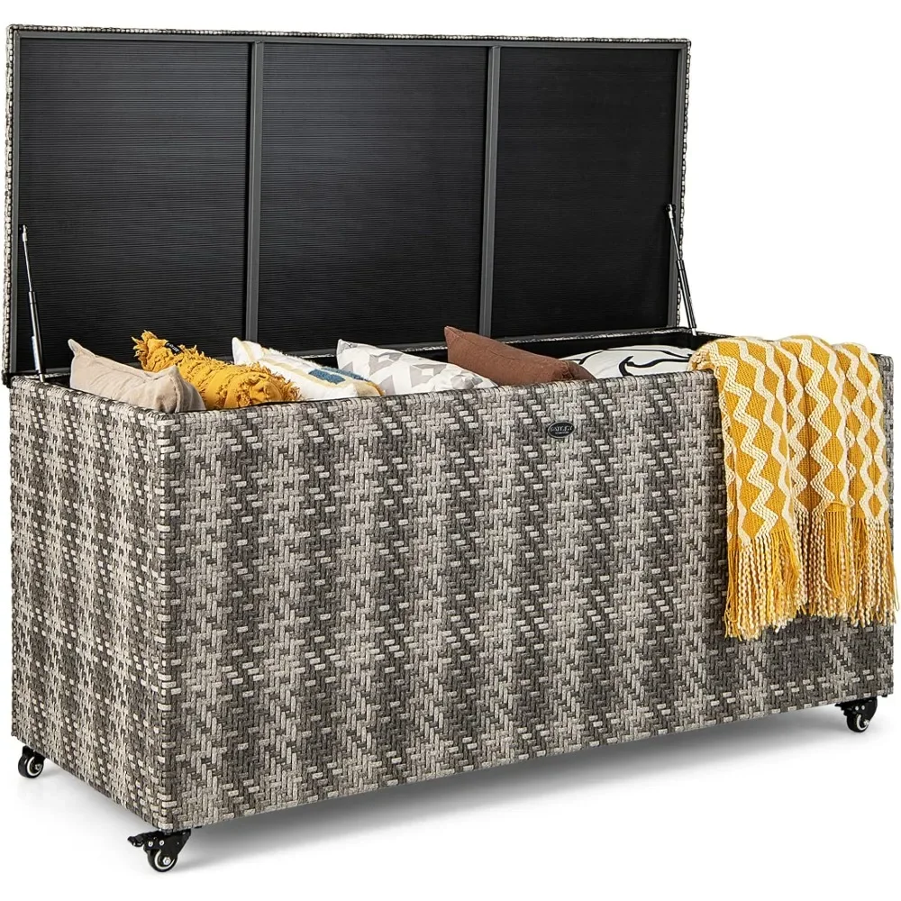 

96 Gallon Deck Box, PE Four-wheel Waterproof Lined Outdoor Storage Box, Outdoor Rectangular Storage Box