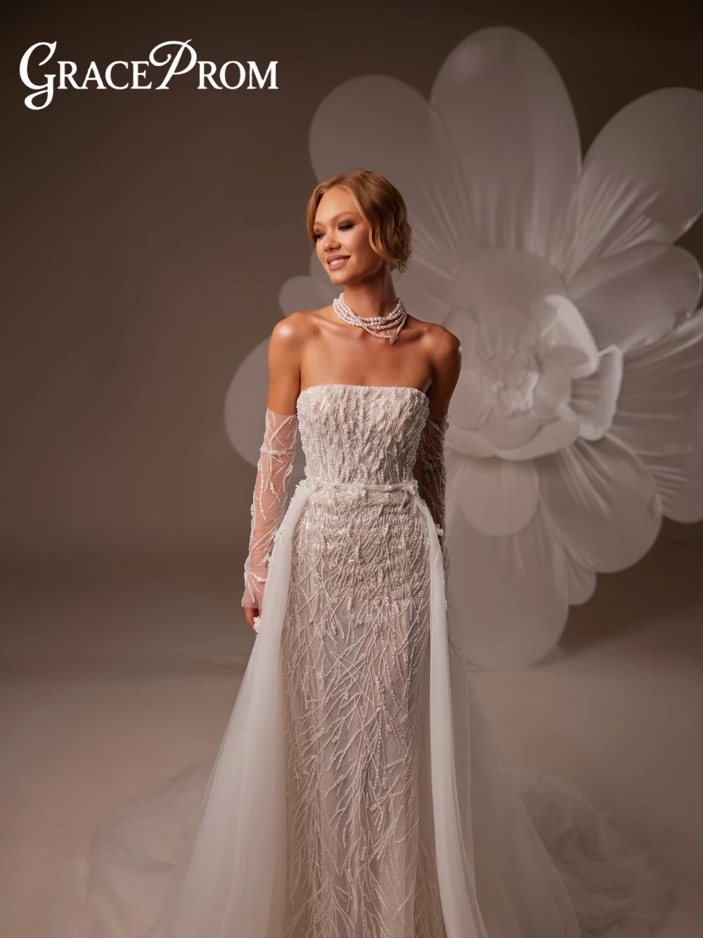 

Luxury Beaded Pearls Strapless Mermaid Wedding Dress With Detachable Tulle Long Sleeves & Train 2026 New Dazzling Bridal Gown