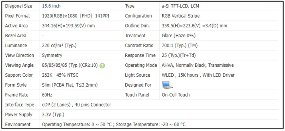 B156HAK03.0 15.6 inch Slim LCD Screen Panel Slim FHD 1920x1080 EDP 40pins 60Hz  45% NTSC 220 cd/m²