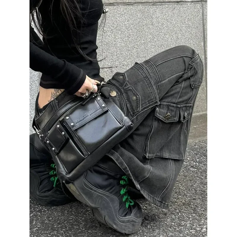 American Retro Streetwear Mutil Pockets Cargo Jeans Women Hip Hop Vintage Y2K Wide Leg Denim Pants Baggy Gradient Trouses