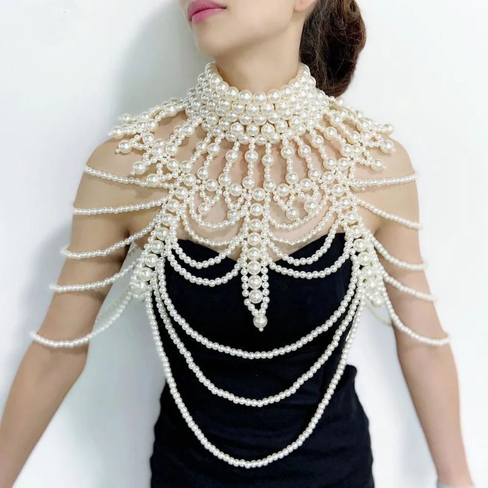 Body Chain Bikini Sexy Pearl Chest Wrapping Chain Multilayer Tassels Bra Chain Beach Outfit Chest Chain Bride Shawl Hand Beading