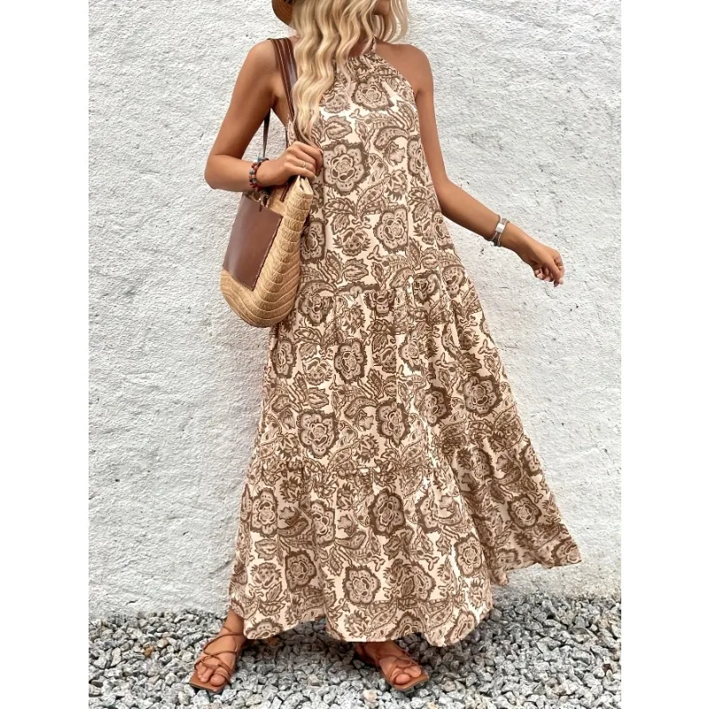 

Плюс размер 1XL-5XL женское модное повседневное и удобное длинное платье с подвесным воротником и принтом