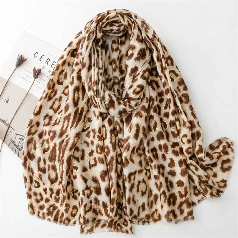 2024 Fashion Women Leopard Floral Fringe Viscose Shawl Scarf Print Soft Lady High Quality Pashmina Stole Muslim Hijab 180*90Cm