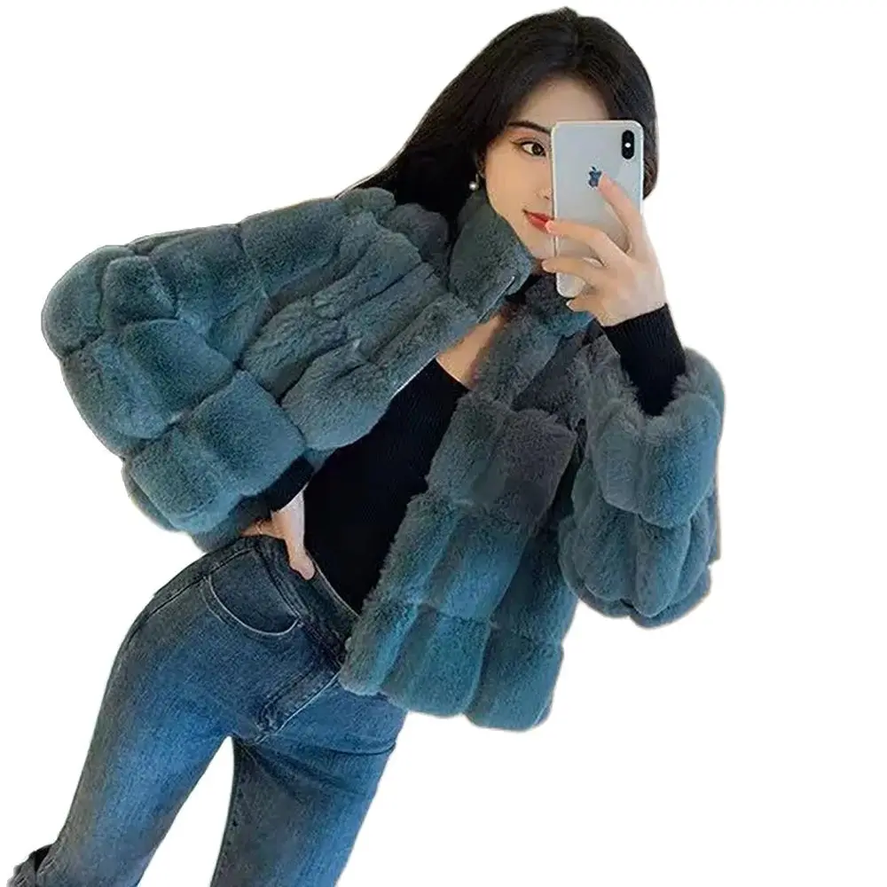 Temperament Plaid Imitation Rabbit Fur Warm Coat Female 2024 New Fashion Autumn And Winter Joker Slim Plush Fur Coat Female Tide