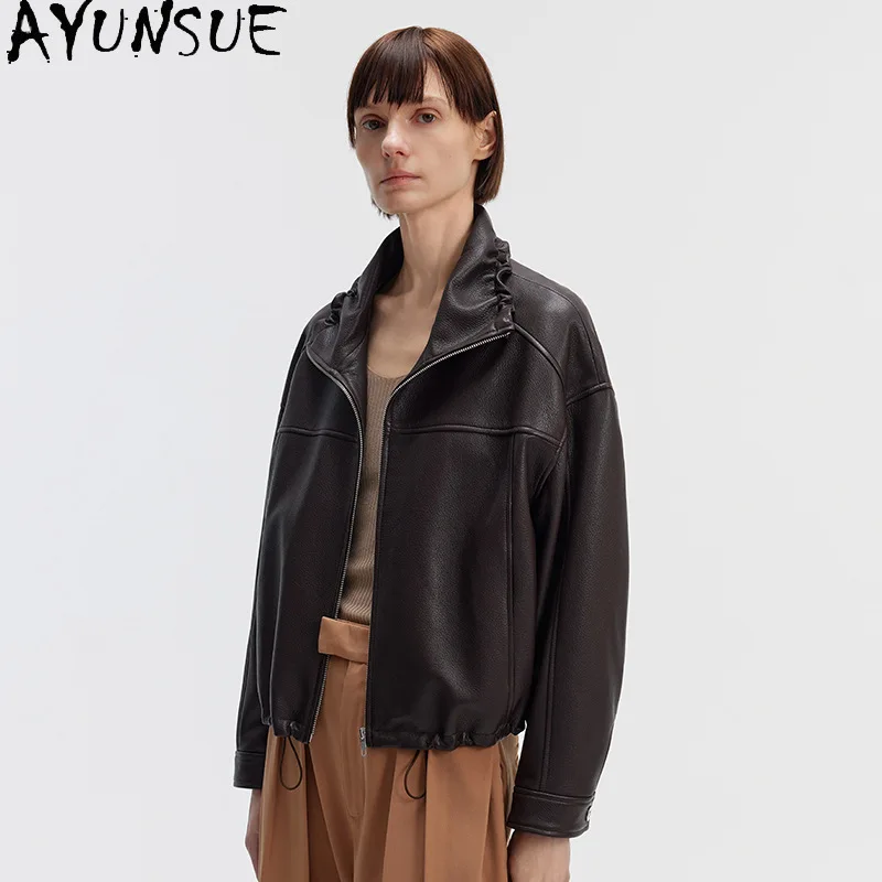 AYUNSUE Vera Pelle di Capra Giacca di Pelle Genuina per la Donna Nero Donna Giubbotti Loose Fit Primavera Autunno Vestiti │ ngaха Жiichtха Ж miscecud