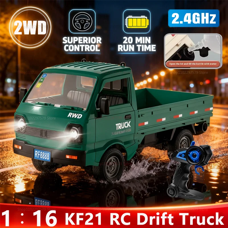 Nowy samochód zdalnie sterowany KF21 w skali 1:16, 2WD, terenowy, do driftu i wspinaczki, zabawki z efektami świetlnymi i funkcją rozpylania, dla dzieci i chłopców, prezent, ciężarówka RC 2.4GHz