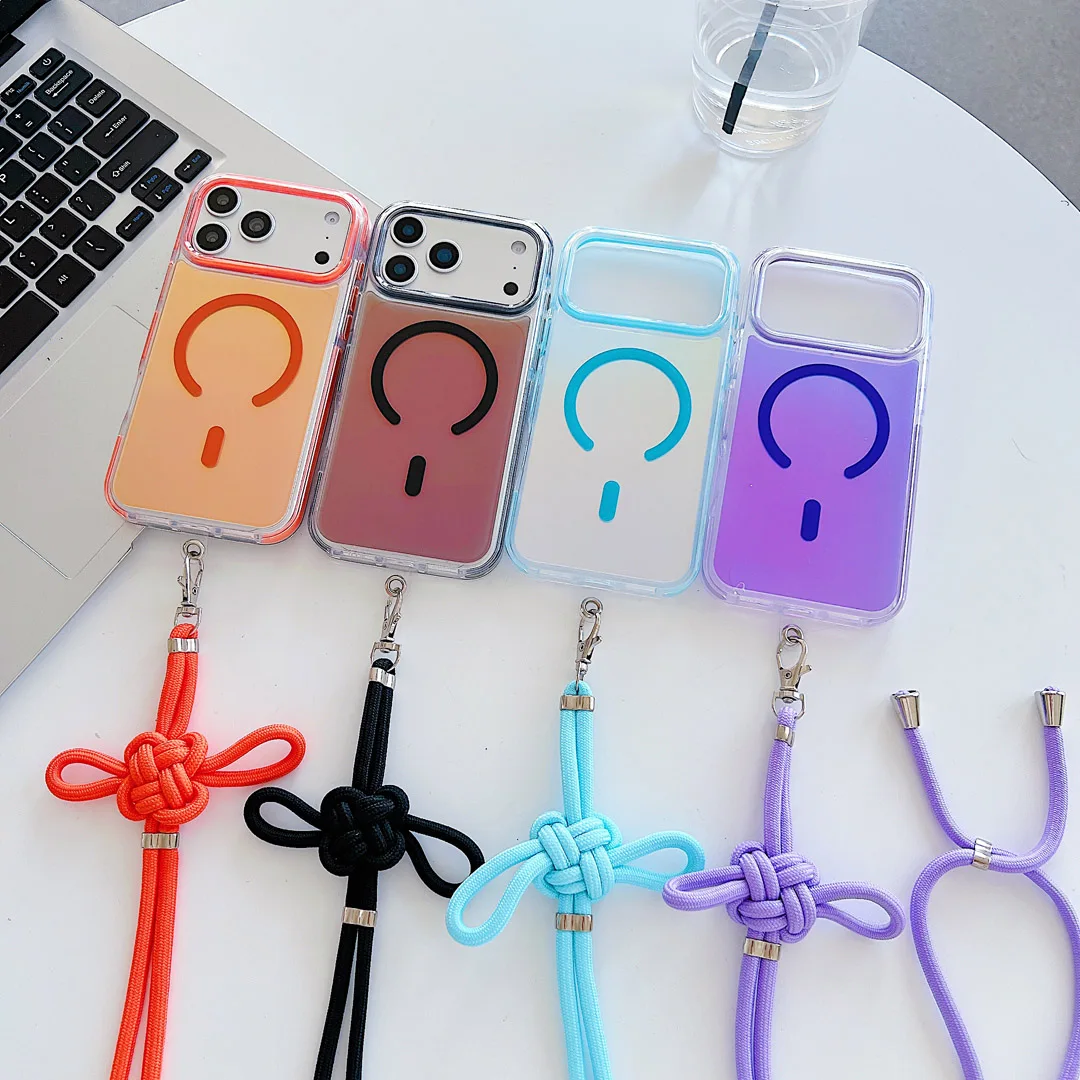 

Color Changing Neck Strap Rope Anti-Drop Anti-Slip Case For iPhone 12 13 14 15 16 17 Pro Max Plus Magnetic Wireless Charge Cover