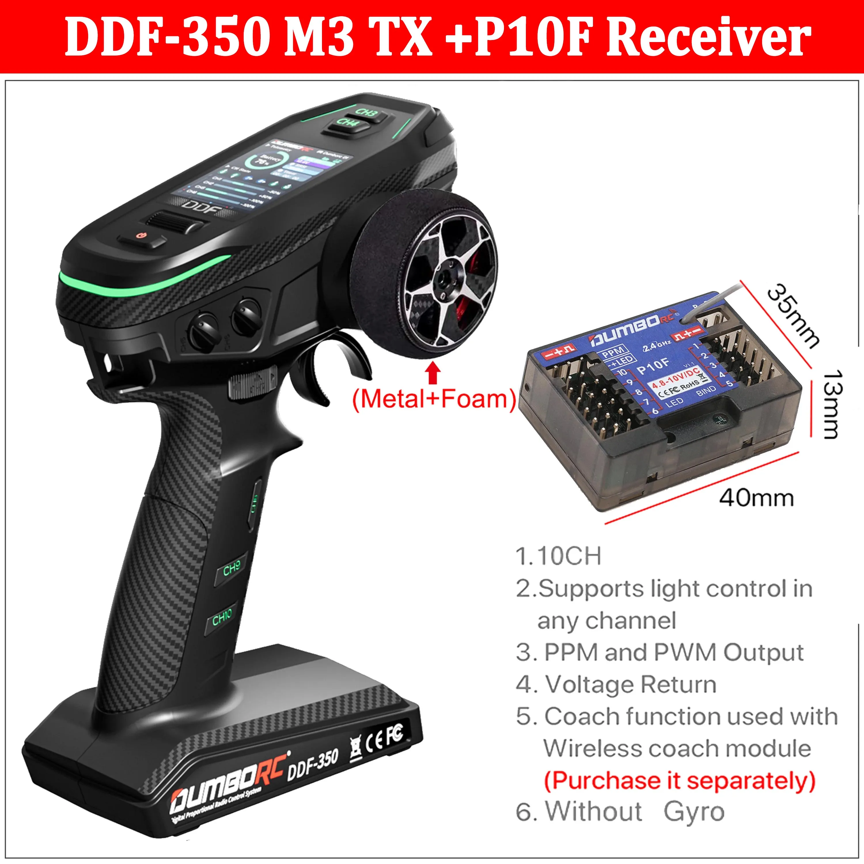 DUMBORC DDF350 DDF-350 10CH 2.4G Transmitter Remote Controller HD Screen 10Channel Gyro Receiver for RC Car Tank Boat Robot Toy