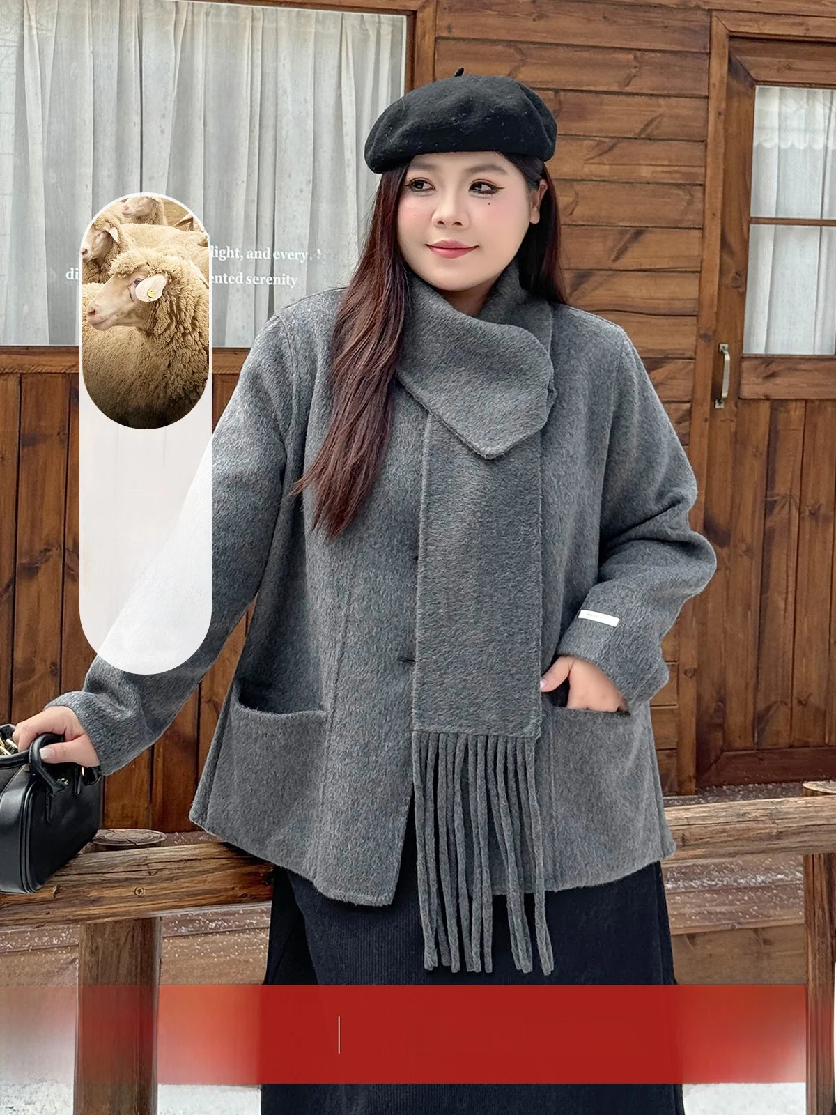 

Двустороннее шерстяное пальто большого размера для женщин: модный зимний кардиган в корейском стиле с завышенной талией, длинными рукавами и шарфом-накидкой