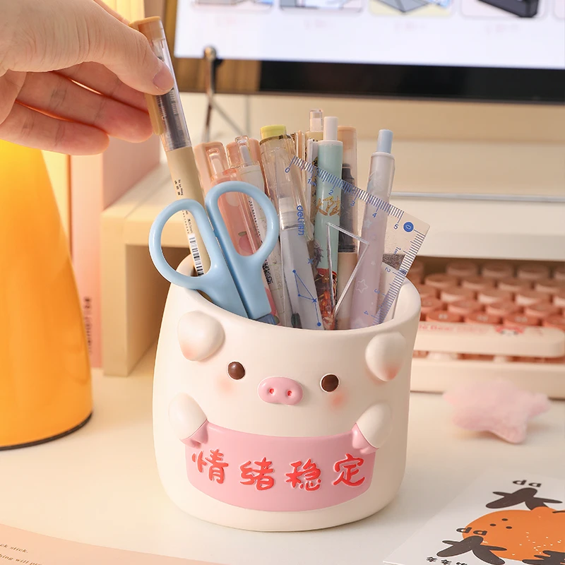 Cute Pig Figurine Pen Holder, Desktop Stationery Organizer, Tabletop Home Decor Ornament