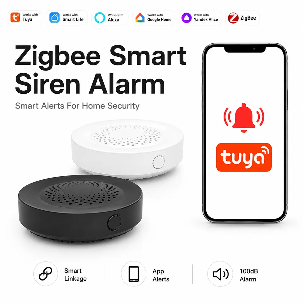 Tuya Zigbee Siren Alarm 100dB Smart Buzzer Home Security Alarm Works With Alexa Yandex Alice Requires Tuya Zigbee Hub