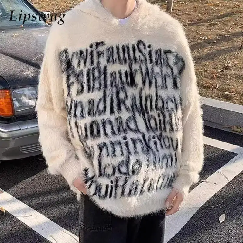 

Fashion Cozy Furry Fleece Hoodie Mens Fall Winter Stylish Letter Knitting Sweater Men Streetwear Vintage Knitted Hooded Sweaters