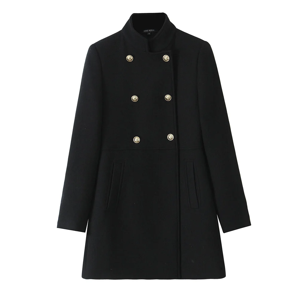 PB & ZA2024 autunno nuove donne mezzo collo alto temperamento alla moda cappotto doppiopetto di media lunghezza