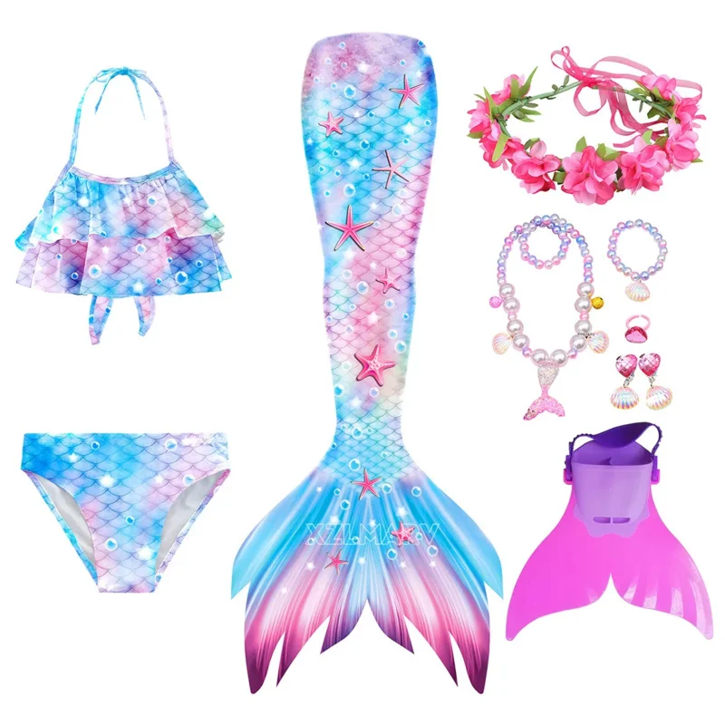 หางนางเงือกน้อยคอสเพลย์สำหรับเด็กชุดเสื้อชายทะเลหางนางเงือกสาวพร้อมชุดบิกินี่