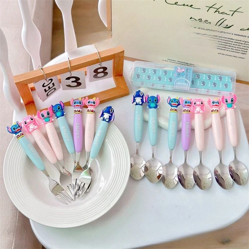

Disney Stitch Fork Spoon Cartoon Cute Stainless Steel Noodles Soup Student Portable Commuter Children Two Piece Tableware Set